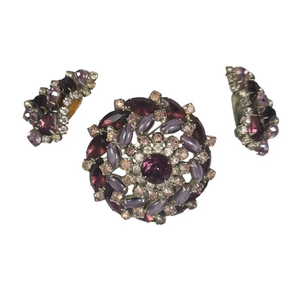 Art Deco Amethyst Rhinestone Brooch Pin & Clip On Earrings Round Domed Design - Picture 1 of 9